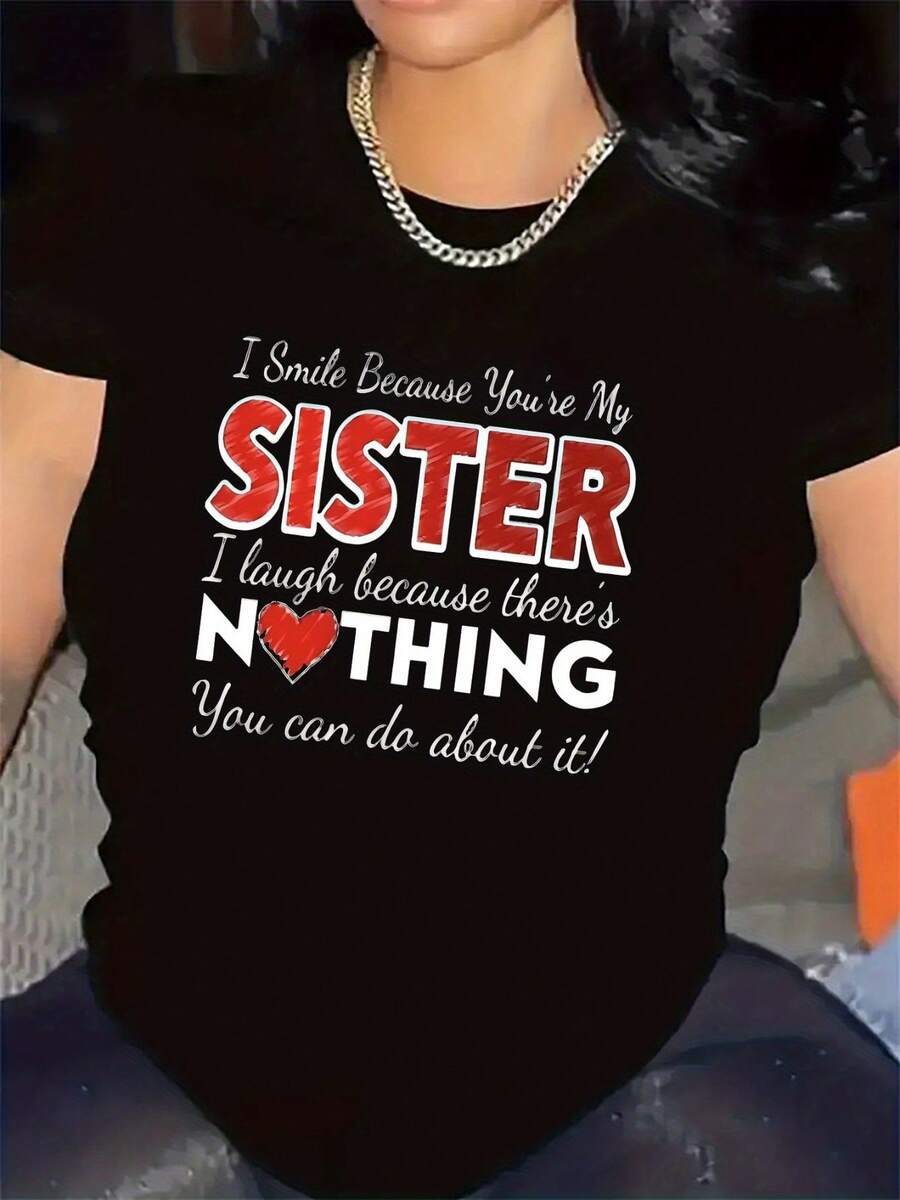 Sisterhood Graphic Tee - Breathable Crew Neck Short Sleeve Casual Top, Black And White Sister Print For Casual Three, Matching Three, All-Time Comfort - 黑色 - 查看 1