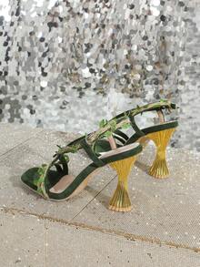 Women's Summer Fashion Vine Flower Rose Criss-Cross Open Toe Chunky Heel Hollow Breathable High Heel Sandals - Green - View 7