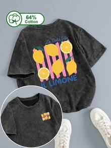 Women's Plus Size Vintage Washed Snowflake Crew Neck Short-Sleeve T-Shirt, Featuring A Fresh Lemon Stripe Design With Double-Sided Pattern Print, Casual And Simple, Suitable For Everyday Home And Outdoor Wear In Summer And Autumn, Washed Texture, Plus Size Printed T-Shirt. Black - Black - View 1