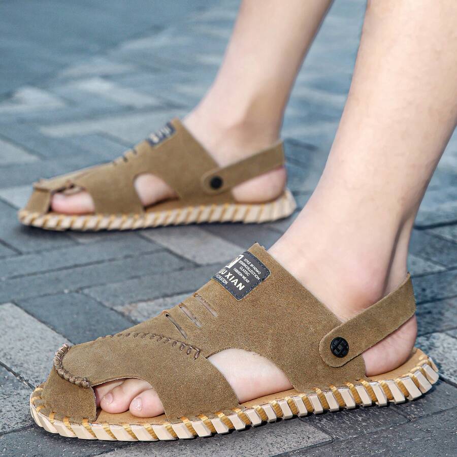 Men's Basic Faux Leather Studded Outdoor Handmade Stitched Slide Sandals, New Versatile Soft Casual Slippers - Brown - View 1