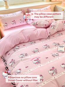 SANRIO 三丽鸥可爱印花三件套床上用品 - Hello Kitty（1 个被套 + 2 个枕套，不含被芯），卡通全尺寸，柔软舒适，适合宿舍、家庭卧室、酒店，四季皆宜，带拉链和枕套，耐用多色，超大被套套装 - 粉色 - 查看 11