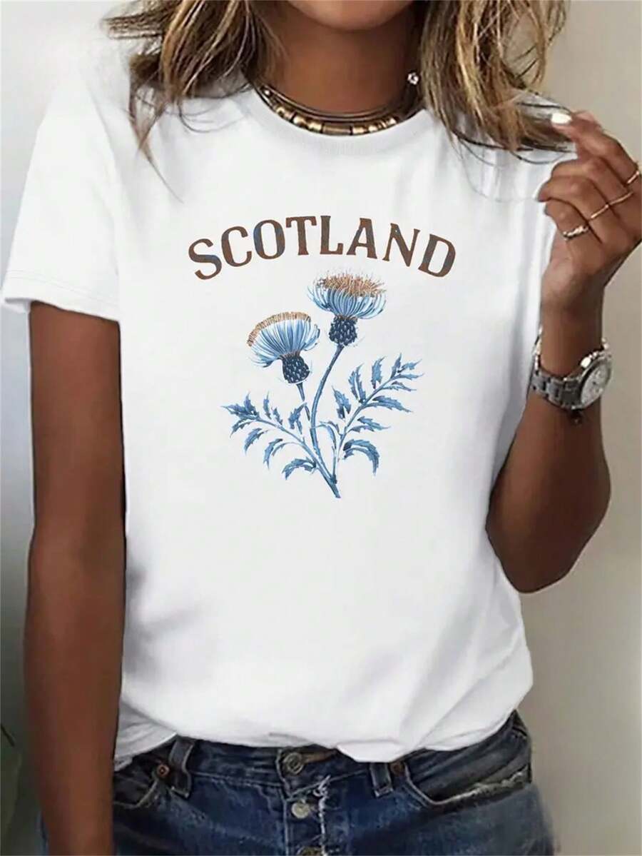Women's Scottish Themed T-Shirt - White Top With Lavender Floral Pattern, Breathable And Moisture-Wicking Fabric For Everyday Wear And Special Occasions - Scottish Heritage Gift For Women, Casual Wear, Sve Crop Top, Comfortable Fit, Everyday Outfit, Crew Neck, Lightweight Material, Printed Blouse, Fashion Lovers - 白色 - 查看 1