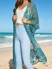 Women Casual Beachwear Cardigan, Solid Color 3/4 Sleeve See-Through Embroidery Flower Cover-UpCoachela Festival Dress Cover Up, Swimsuits For Woman, Bathing Suits For Women,Trajes De Baño Mujer - Màu xanh lam - Xem 1