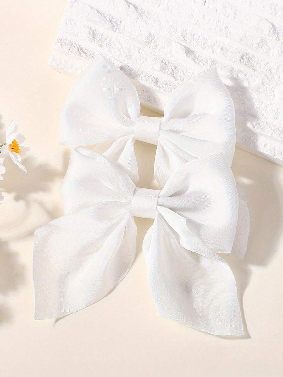 1/2 Pcs White Hair Bows For Women Girls, Silky Satin Bowknot Hair Clips, Elegant French Style Ribbon Barrette Hair Accessories For Wedding Party Daily Wear,Hair Claws,Clips For Hair - White - View 1