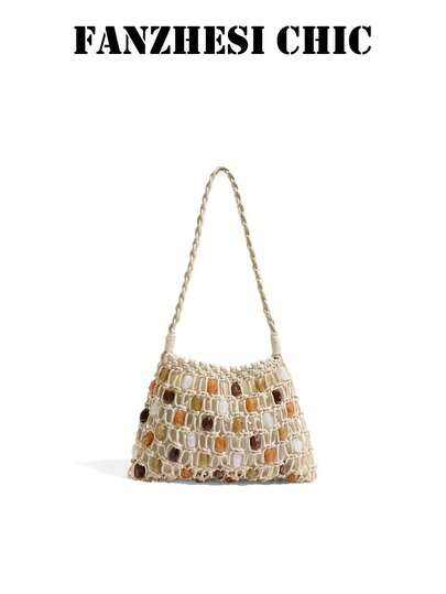 Casual Openwork Macrame Woven Shoulder Bag,Openwork Mesh Tote With Multicolored Natural Stone Bead Embellishments.. Lightweight, Roomy And Soft Silhouette, Fits Weekend Picnics, Afternoon Dates, Short Leisure Trips And Outdoor Gatherings.