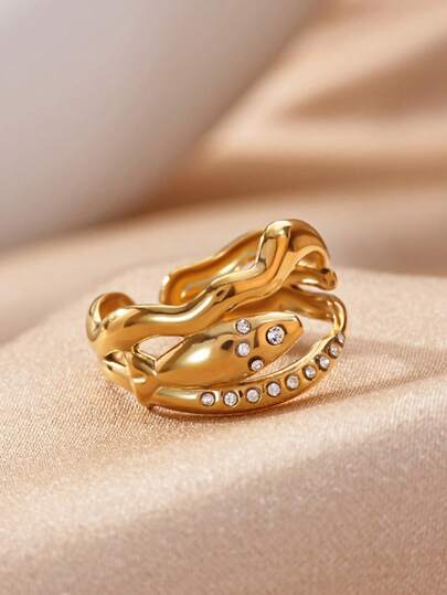 1 pieza Anillo de pez con onda de circonita para mujer, chapado en oro de 18K de acero inoxidable, anillo geométrico de pez para boda, fiesta, océano, verano, regalo de joyería