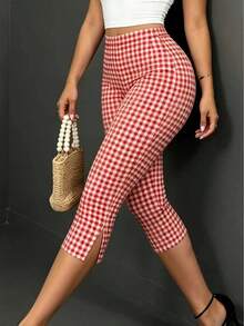 Nuevos pantalones capri ajustados informales a cuadros rojos y blancos con bajos con vuelta elegantes y con estilo y de longitud tres cuartos - Rojo - Ver 2