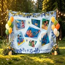 Disney Lilo & Stitch Warm Interactive Scene Collection Pattern, Light Blue Base With Floral Elements No-Hole Backdrop, Perfect For Parties, Camping, Home Decor, Scene Setup And Gathering Displays - 0 - View 3