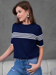 Women's Crew Neck Short Sleeve Striped Knit Blouse - Navy Blue - View 3