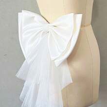 1pc White Satin Oversized Bow Backpiece, Asymmetrical Mesh Ribbon Waist Decor - Multicolor - View 8