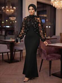 SHEIN Lady Váy đen thêu bướm ba chiều nối dài siêu mỏng đuôi cá, váy nhỏ dự tiệc thanh lịch - màu đen - Xem 6