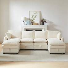 U-formad soffa med förvaringsutrymme, modulär soffgrupp bestående av fyra sitsar och två fotstöd, modern soffa med kuddar och armstöd, chenilleklädsel, massiv trästomme. - Beige - Visa 3