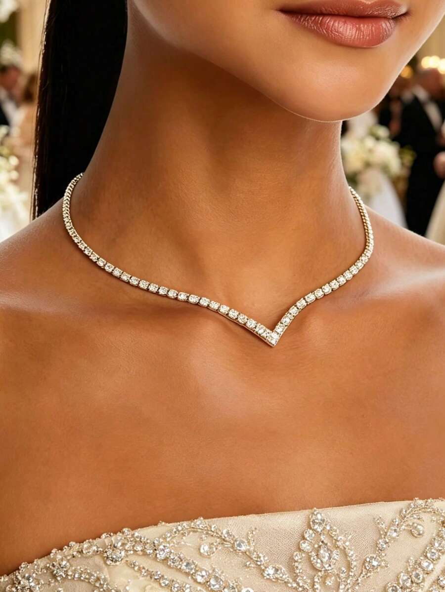 1 chiếc dây chuyền đính đá lấp lánh thời trang, sang trọng dành cho cô dâu, kiểu dáng choker một hàng kim cương, thích hợp cho phụ nữ. - Bạc - Xem 1