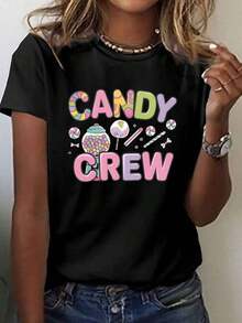 Women's Candy Graphic T-Shirt - Black With Pink And Yellow Candy Design, Soft Stretch/Spandex Blend T-Shirt For Everyday And Themed Events - All-Weather Casual Top, Playful Print, Fun, Comfortable, Short Sleeve T-Shirt, Fashion Lovers - 黑色 - 查看 1