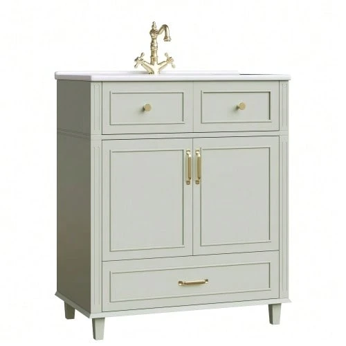 White Vanity Unit Measuring 81 X 46.5 Cm With Ceramic Basin, 1 Drawer And 1 Soft-Close Door, Modern Freestanding Vanity Unit With A Ribbed Design - Green - View 1