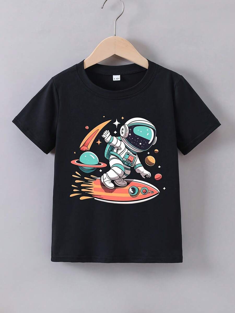 Top de manga corta sencillo, informal y bonito con estampado para niños, ideal para el verano. - Negro - Ver 1