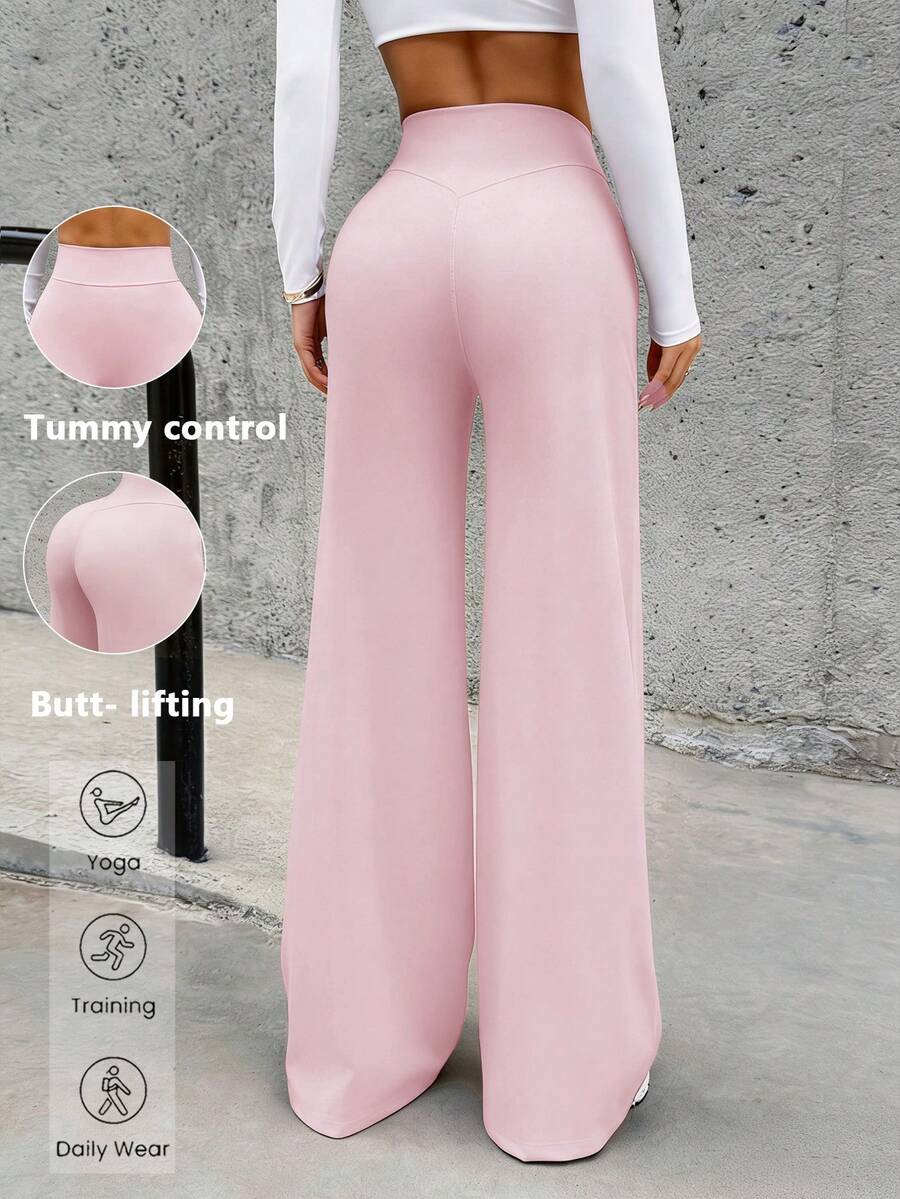 Luster Bright 女款夏季休閒純色高腰修身寬腿鬆弛運動長褲,適合健身房、皮拉提斯、街頭 Y2K 日常穿搭 - 粉色 - 查看 1