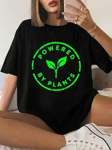 Camiseta Athleisure Blanca Impulsada por Plantas Logo Impresión Vestido Casual para las salidas diarias y el estilo de vida - Negro - Ver 2