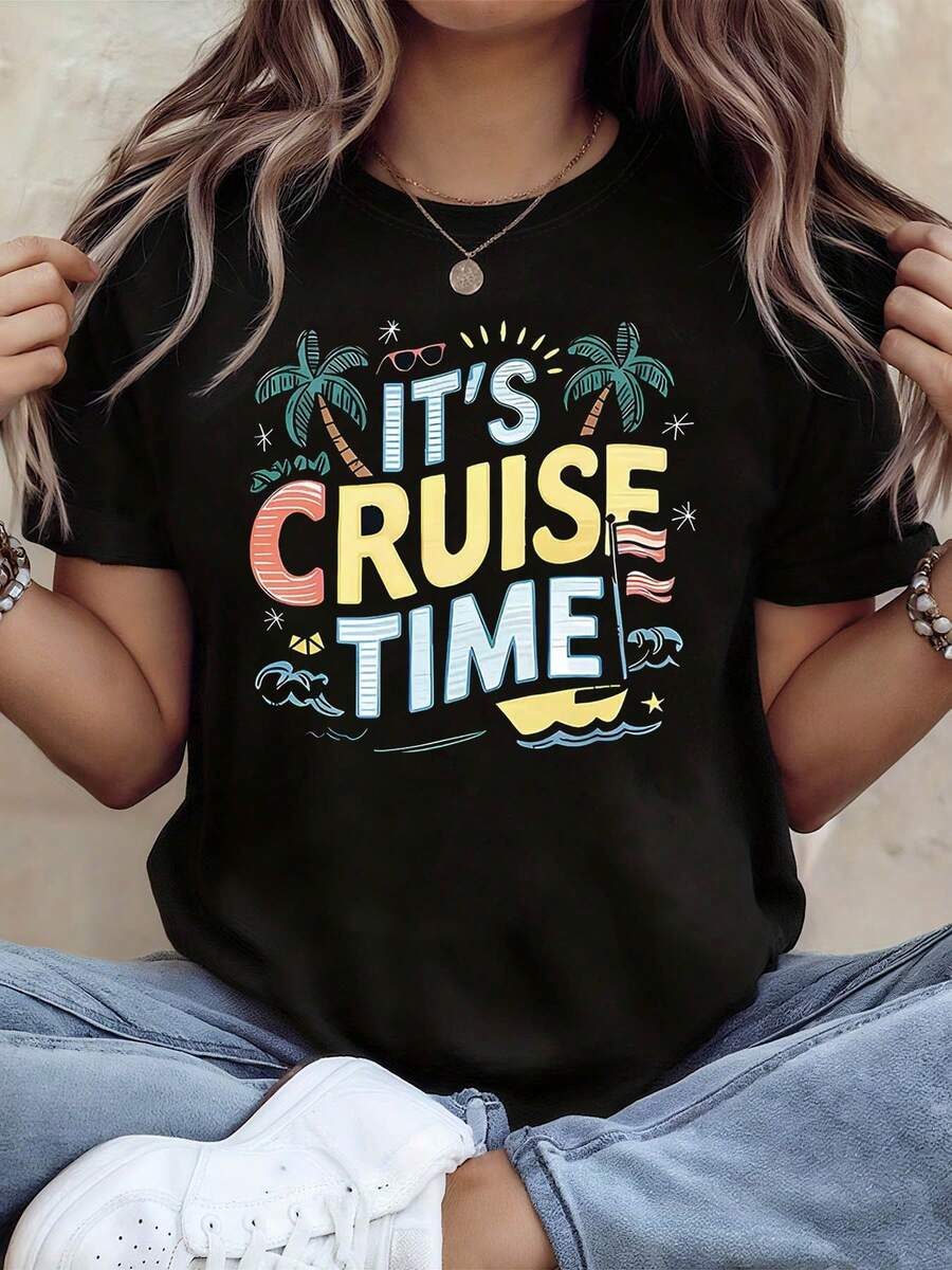 "IT'S CRUISE TIME" Women's Cartoon T-Shirt, Perfect For Cruise Travel And Island Vacations, With A Lively And Cool Short-Sleeve Design Suitable For Casual Outings - 黑色 - 查看 1