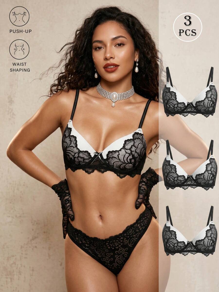 Bộ 3 áo ngực nâng ngực phối đen trắng dành cho nữ, kiểu dáng trưởng thành, gợi cảm và thanh lịch, dây đeo có thể điều chỉnh, có gọng. - màu đen - Xem 1