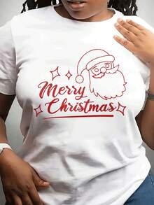 Camiseta casual de moda de cuello redondo de las mujeres de Navidad con patrón de S Claus y tema rojo del festival - Blanco - Ver 2