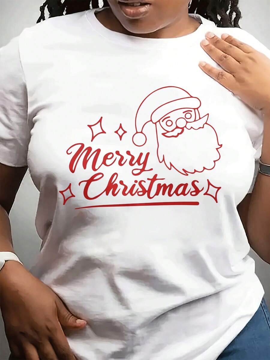 Camiseta casual de moda de cuello redondo de las mujeres de Navidad con patrón de S Claus y tema rojo del festival