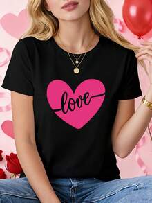 Día de San Valentín Amor Retro Corazón Confesión Estilo Diseño Creativo Patrón Impresión Mujeres Cuello Redondo Primavera Verano Camiseta - Negro - Ver 2