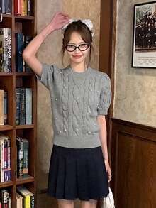Lightweight Solid Color Round Neck Cable Knit Cropped Top, Summer - Grey - View 4