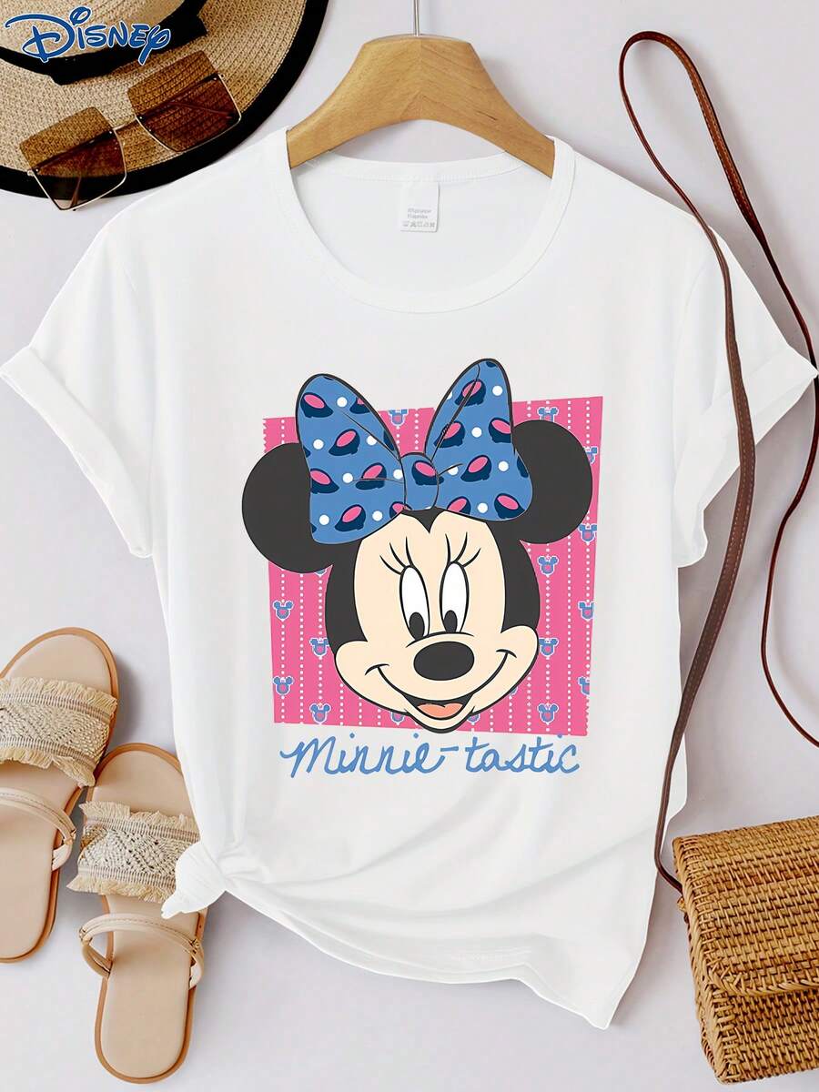 1pc Women's Short Sleeve T-Shirt, Disney Minnie Mouse Graphic Print, Round Neck, Stretchy, Easy Care, Suitable For Daily Wear, Fashionable Women's Short Sleeve T-Shirt, Casual Wear - White - View 1