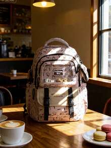 1 PC Light Pink Mother-And-Child Backpack With School Cat Pattern Travel Bag,Large Capacity Fashionable And Casual Large Capacity Portable Zipper Bags - 淺粉色 - 查看 9