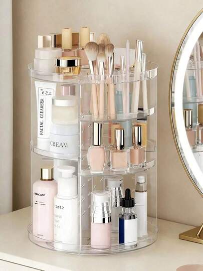 Estante de almacenamiento giratorio de 360 grados para escritorio, organizador de maquillaje de acrílico para lápices labiales, productos de cuidado de la piel, soporte de exhibición de cosméticos, adecuado para vacaciones, playa, baño, dormitorio, gran capacidad