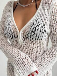 Women's Solid Color Casual Beach Cover-Up Dress - White - View 5