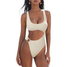 Women's Cutout One Piece Swimsuit, Scoop Neck High Cut Monokini With Side Cutout & Gold Ring Accent, Tummy Control Swimwear For Beach, Pool And Summer Vacation, 7 Colors Available - 米白色2697-1 - 查看 10