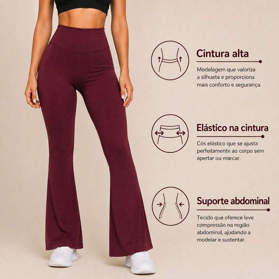 High-Waisted Flare Pants In Zero-Transparency Polyester Spandex, Ideal For Walking, Training, Running, Ballerina Style, Bell-Bottoms. - Gỗ đỏ - Xem 1