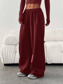 Women's Casual Loose Solid Color Elastic Waist Sweatpants With Pockets Winter - Burgundy - View 2