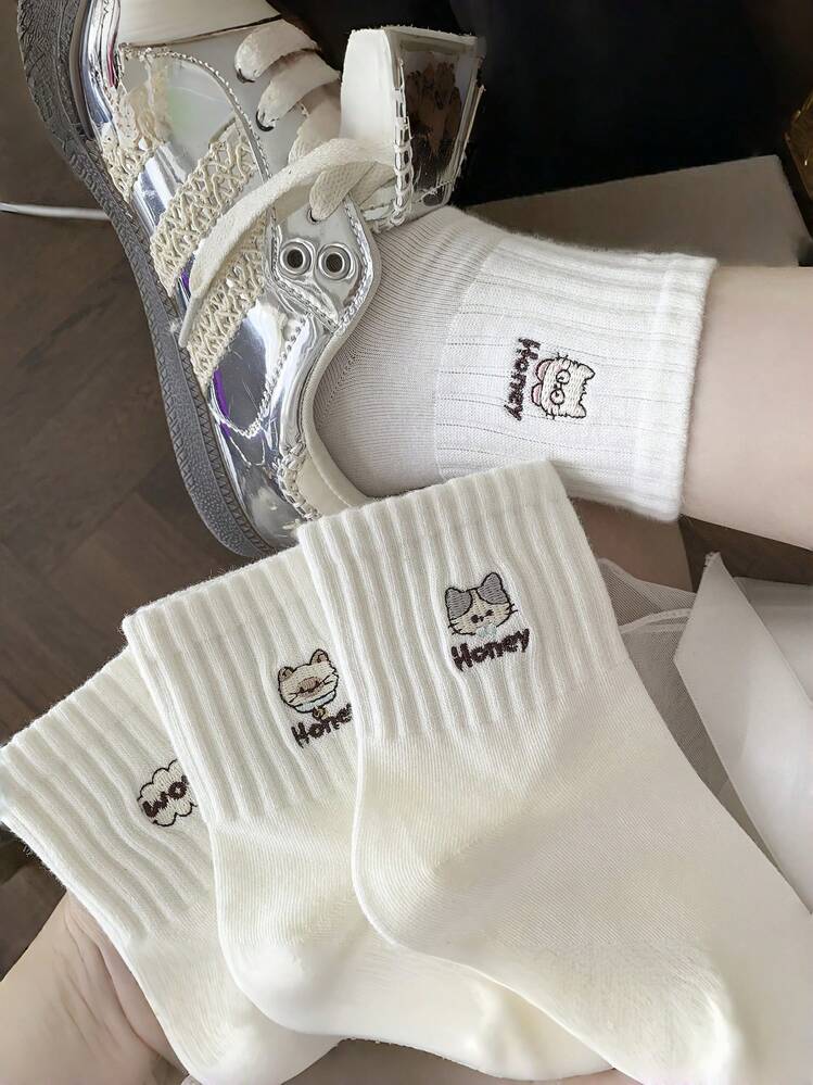 4 Pairs Random Spring/Summer Sports Style Mid-Calf Socks For Women, INS Korean White Cute Cartoon Cat Breathable Short Socks - Multicolor - View 3