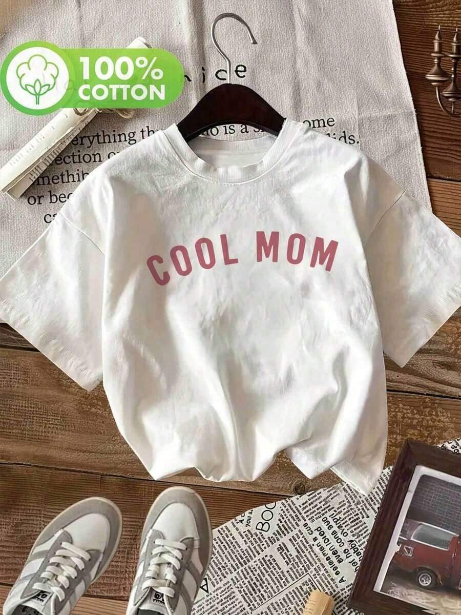 1 pieza de camiseta de mujer para primavera y verano, casual, a la moda, estilo caricatura, con estampado "COOL MOM", cuello redondo, manga corta, 100% algodón, R0CW180g. - Blanco - Ver 1