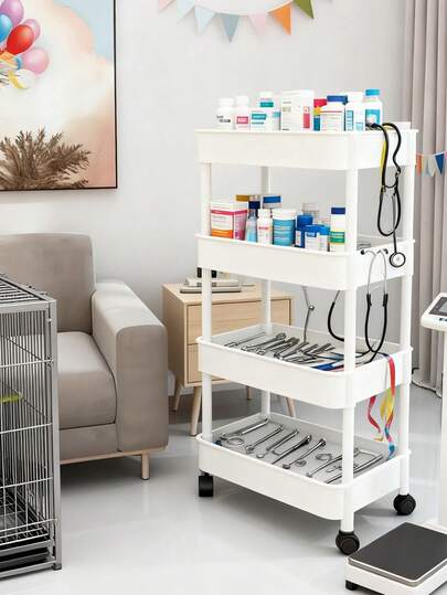 Xe đẩy lưu trữ nhiều tầng bằng nhựa trắng, xe đẩy đa năng có bánh xe, giá đựng đồ độc lập không cần điện, kệ lưu trữ di động nhẹ cho nhà cửa, nhà bếp, phòng tắm, phòng ngủ, phòng khách, căn hộ, ký túc xá.