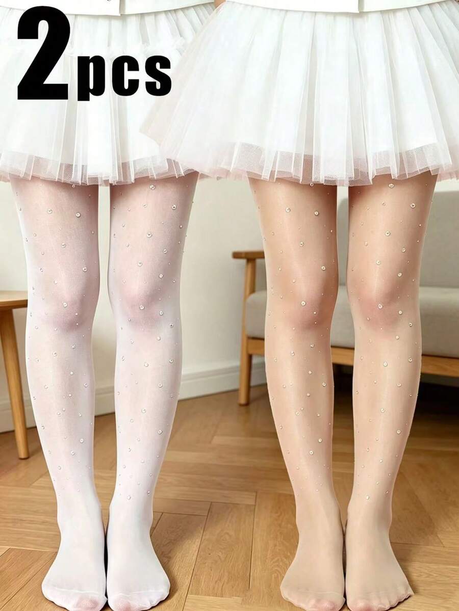 2pcs Girls' Full Diamond Tights, Snug Fit Versatile Pantyhose, School Uniform Accessory