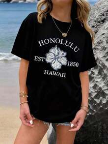 Camiseta Vintage de Algodón "Break The System" para Mujer, Estilo Hawaiano, Manga Corta, Hecha de Algodón Puro y de Corte Holgado, con Estampado de Flores de Hibisco de Honolulu, Transpirable, Informal, para Vacaciones de Verano en la Playa, Ropa de Exterior, con Patrón de Letras, Adecuada para Mujeres Adultas, Camiseta de Manga Corta con Cuello Redondo y Corte Holgado para Uso Diario. - Negro - Ver 1