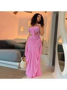 2026 Summer New Arrival: Resort-Style Solid-Color Mesh-Panel Spaghetti-Strap Tank Top And Fitted Skirt Set For Women - Màu hồng (đã có sẵn, vui lòng đăng bán) - Xem 2