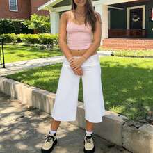Women Fold Over Lounge Capris Wide Leg Cropped Flowy Gaucho Pants Comfy Casual Yoga Coluttes Pajama Bottom - trắng - Xem 7