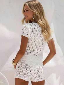 Women's Summer Vacation Set, Crochet Mesh Hollow Out Beach Short Sleeve Knit Cover Up + Shorts 2 Piece Set - Women's Vacation 2 Piece Set, Crochet Cover Up Nightclub Outfit, Women's Fitted Style White - trắng - Xem 5