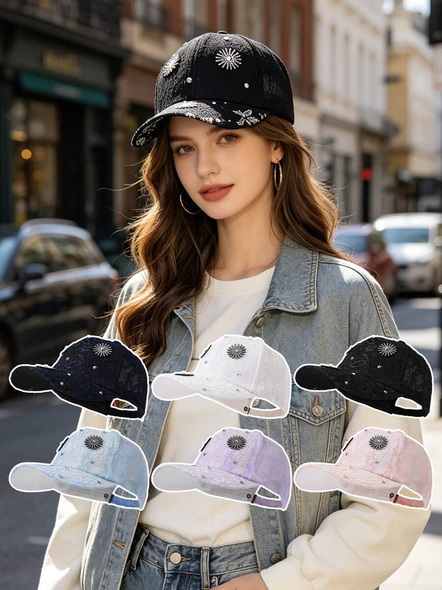 1pc Pink Lace Rhinestone Flower Baseball Cap, Breathable Mesh Adjustable Visor Hat, Sweet Luxurious Versatile Sun Hat, Summer Outing & Commute UV Protection Girlish Accessory - Baseball Cap - View 1