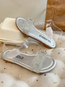 1 Pair Of Girls' Transparent Leather Sandals With Rhinestone Chain Decoration, Design, Flat Open-Toe Sandals, Stylish And Simple, Children's Summer Casual Comfortable Versatile Sandals. - Clear - View 5