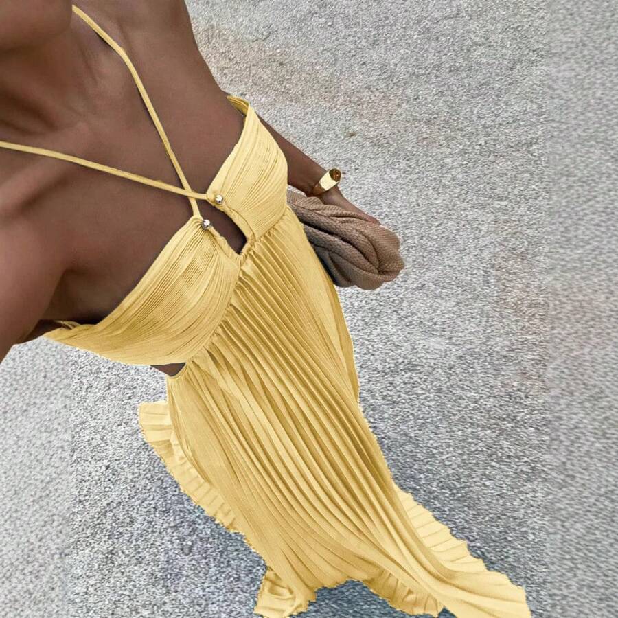 Women's Pleated Halter Neck Maxi Dress, Crisscross Straps Cutout Waist Evening Gown - 黃色 - 查看 1