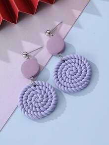 1 Pair Taro Purple Woven Texture Soft Clay Earrings, Double-Layer Circular Disc Elegant Earrings, Niche Design, French Gentle Style, Versatile For Daily Commute, Workplace, Spring Outing, Gathering With Friends, Date Night, Minimalist Chic Style, Student Campus Daily Outfit - Lilac Purple - View 2