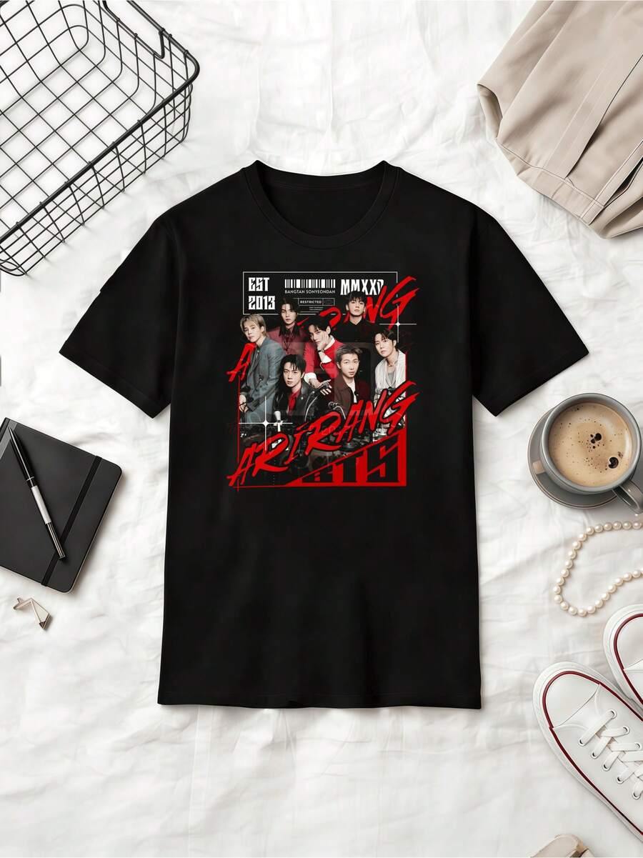Bangtan Sonyeondan Arirang 2013 Retro Poster Bomull Sommar Kortärmad T-shirt - Svart - Visa 1