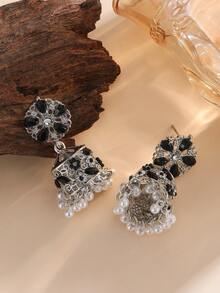 1 Pair Elegant Earrings, Fashion Rhinestone Flower Earrings With Bell And Faux Pearl Tassel Cylindrical Eardrops, Bollywood Style Jewelry Suitable For Women And Girls For Daily Wear, Festivals, Weddings And Parties/Jewelry Gift - Fashion - View 3