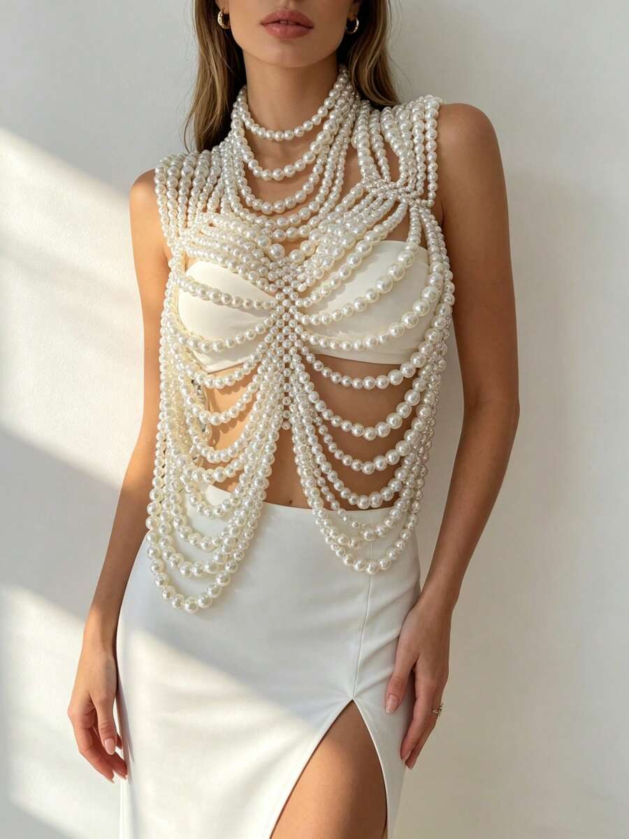 DEKUNER Luxury Vintage Pearl Body Chain Top, Handmade Intricate Multi-Strand Pearl Pendant, Elegant Bridal & Photography Outfit - White - View 1